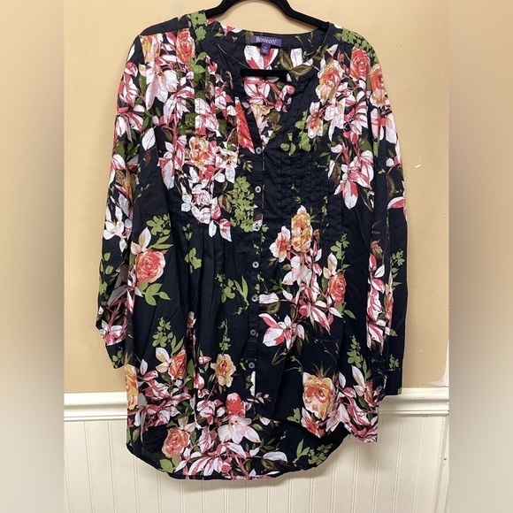 Roamans Black Floral Button Front Pleated Top Plus Size 20W - Picture 1 of 6